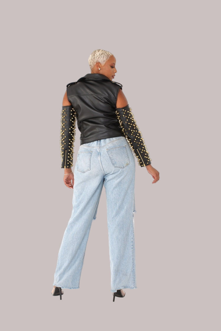 Studded Pleather Moto Jacket with Open Shoulders- 81936