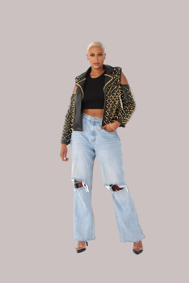 Studded Pleather Moto Jacket with Open Shoulders- 81936