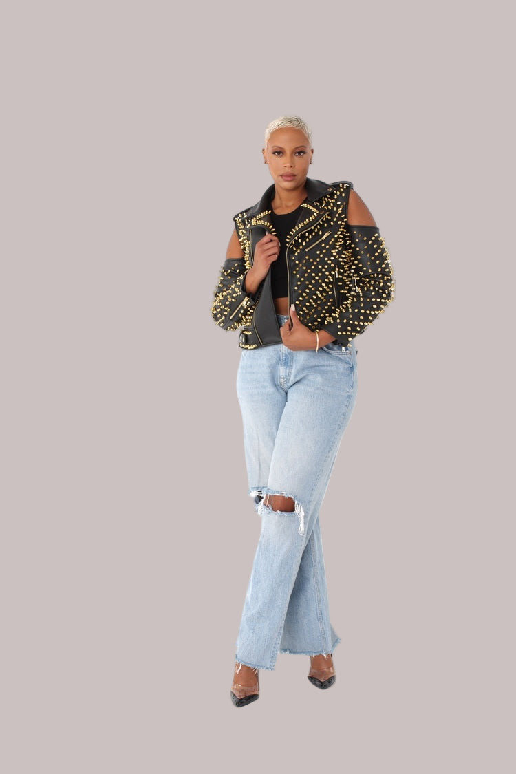Studded Pleather Moto Jacket with Open Shoulders- 81936