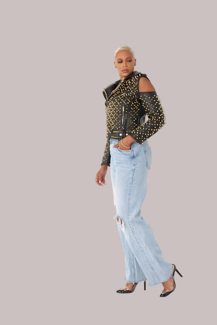 Studded Pleather Moto Jacket with Open Shoulders- 81936