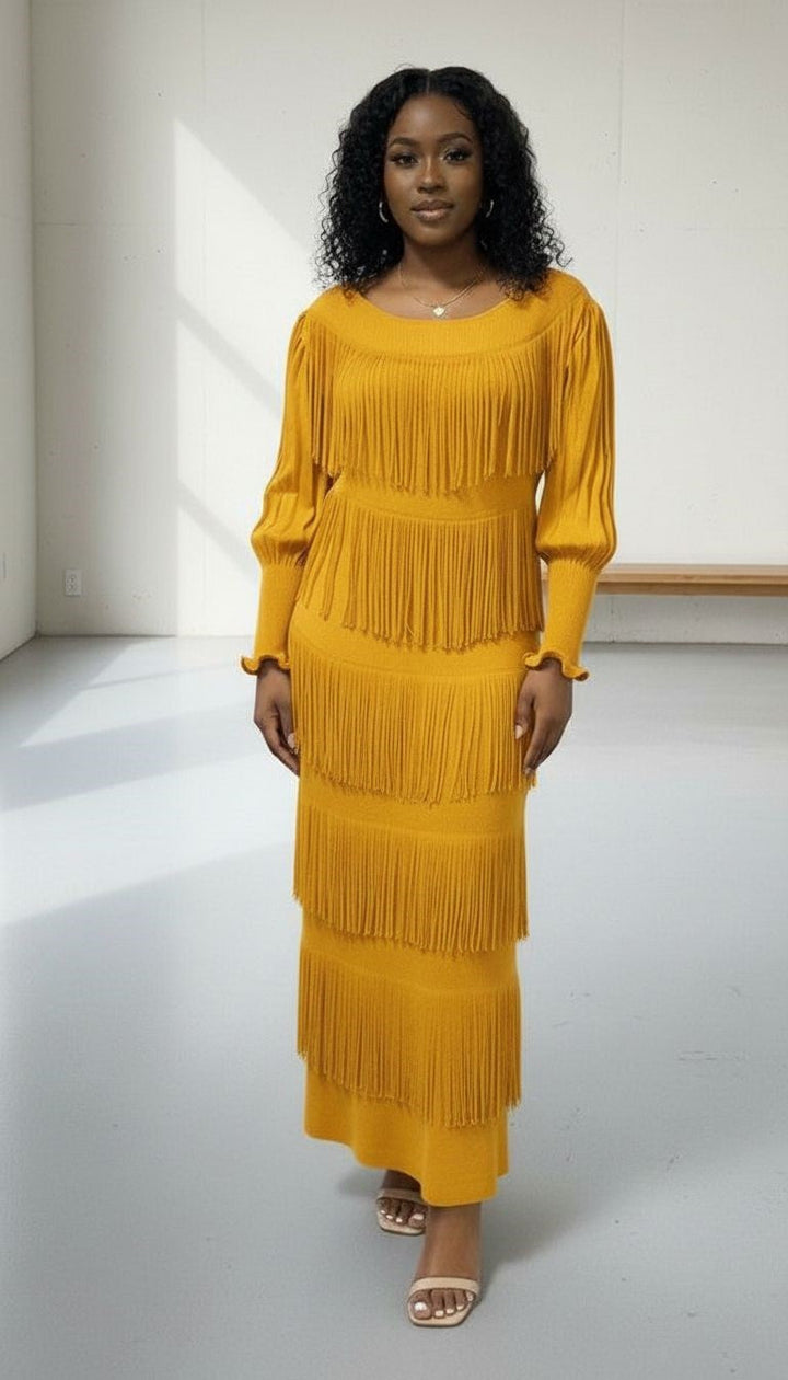 Tiered Fringe Knit Midi Dress - 83000