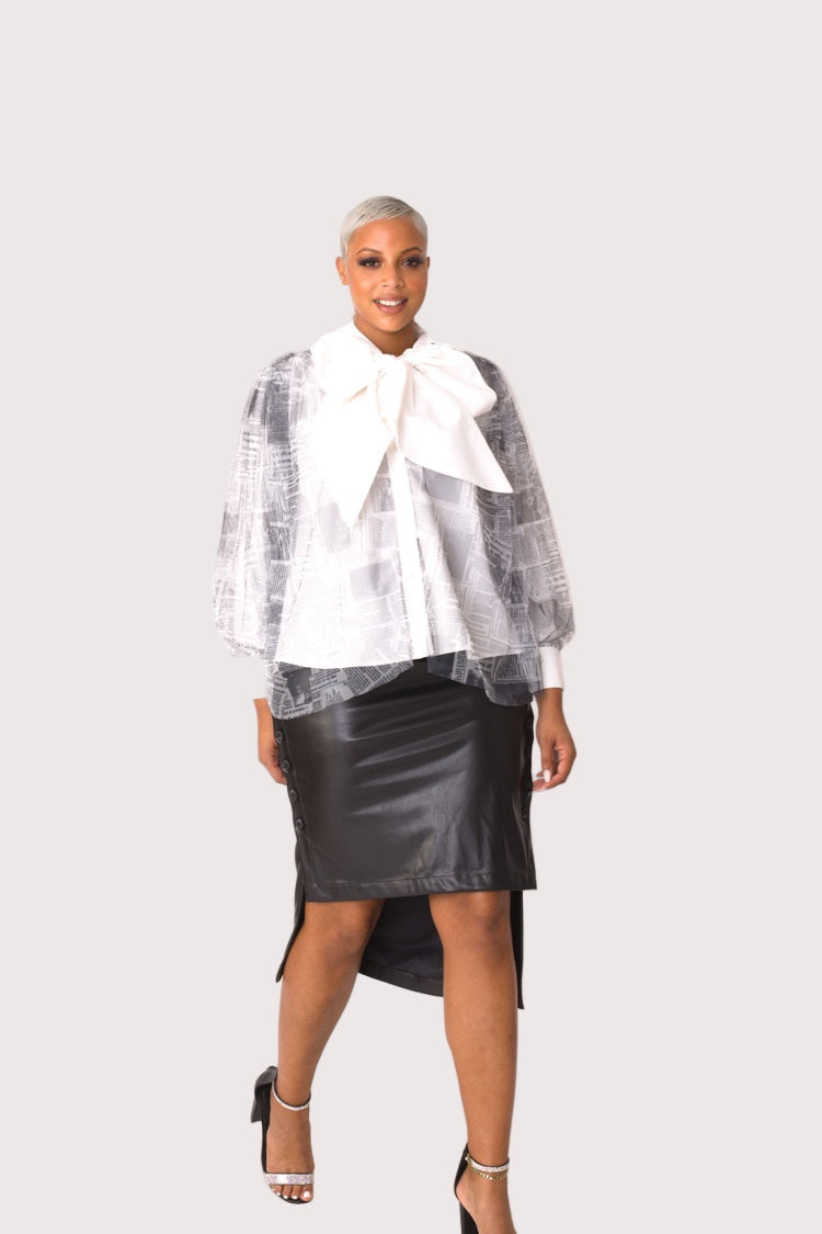 Tulle Puff Sleeve Top with Bow Collar 81922 – Statement Blouse