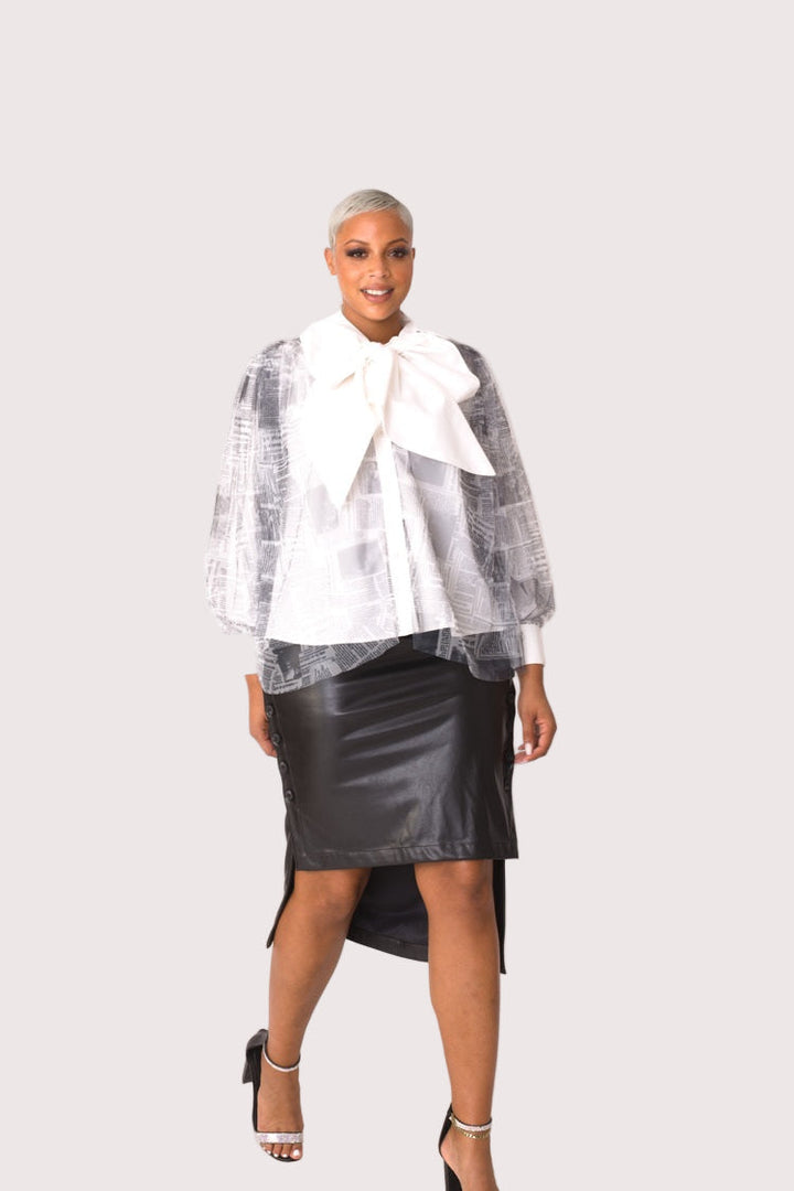 Tulle Puff Sleeve Top with Bow Collar 81922 – Statement Blouse