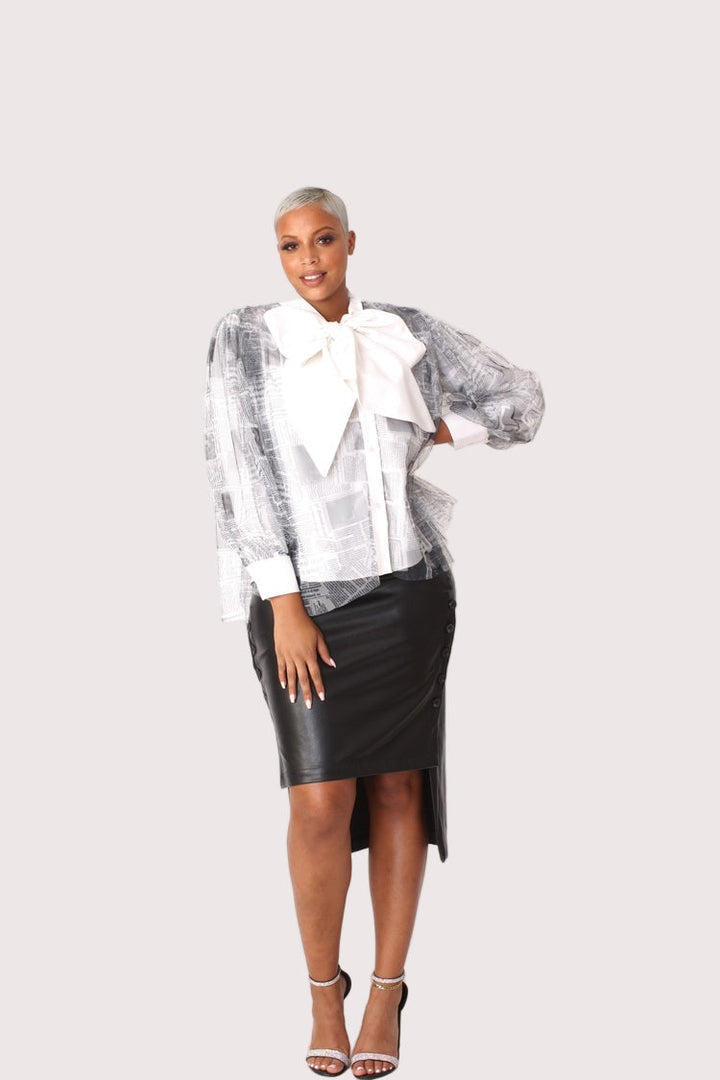 Tulle Puff Sleeve Top with Bow Collar 81922 – Statement Blouse