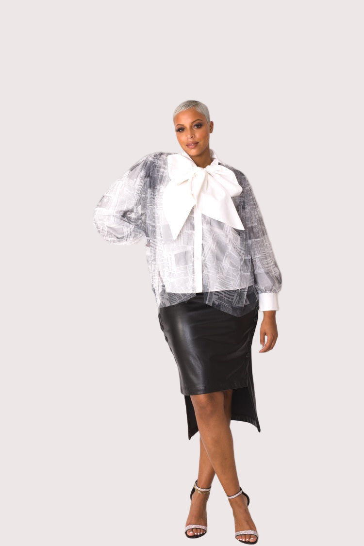 Tulle Puff Sleeve Top with Bow Collar 81922 – Statement Blouse