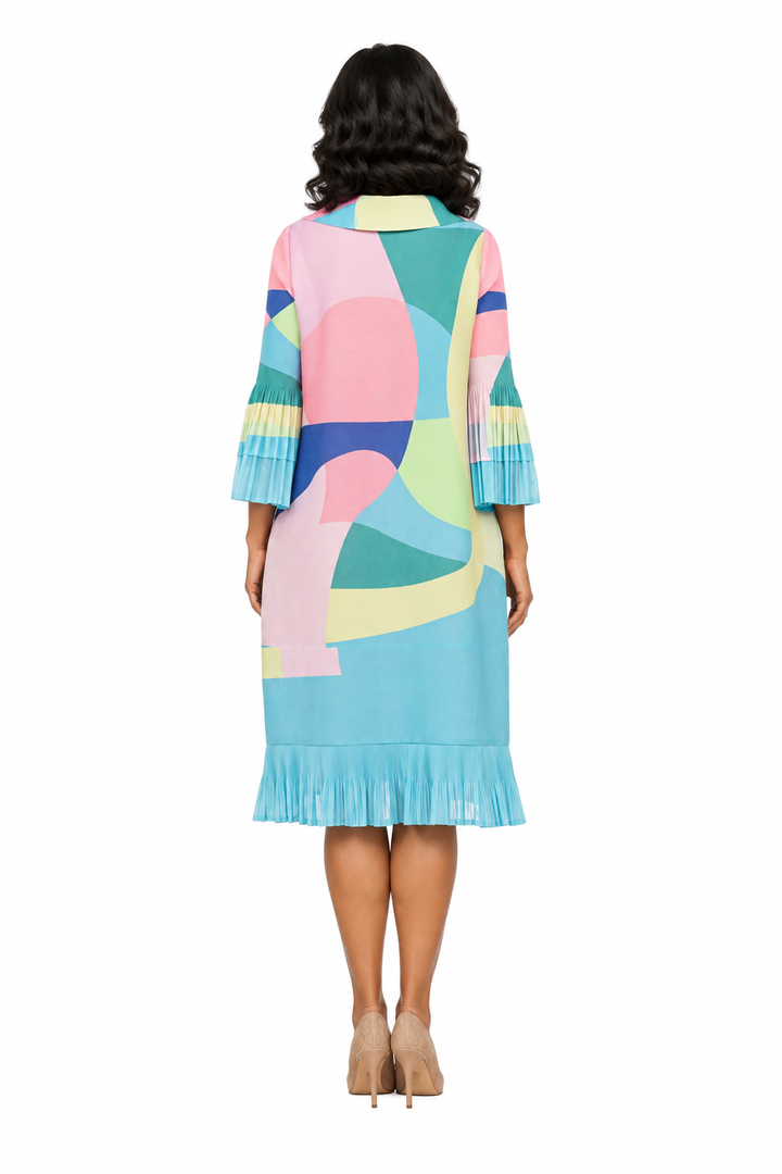 Abstract Print Button Down Midi Dress in Pleats