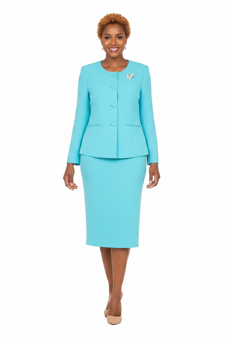 Classic Tailored 2pc Skirt Suit with Brooch-Plus