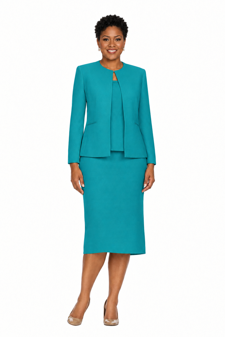 3pc Round Neck Clean Lines Detailed Skirt Suit