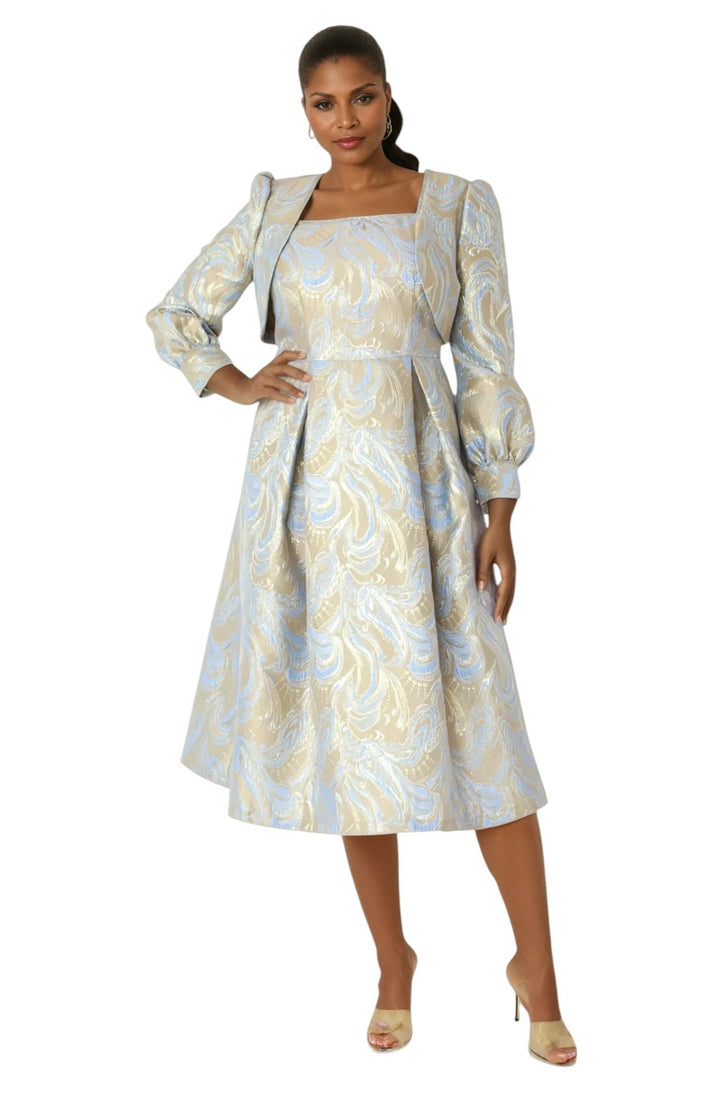 Two-Piece Metallic Swirl Brocade Dress with Balloon Sleeve Jacket- 4889