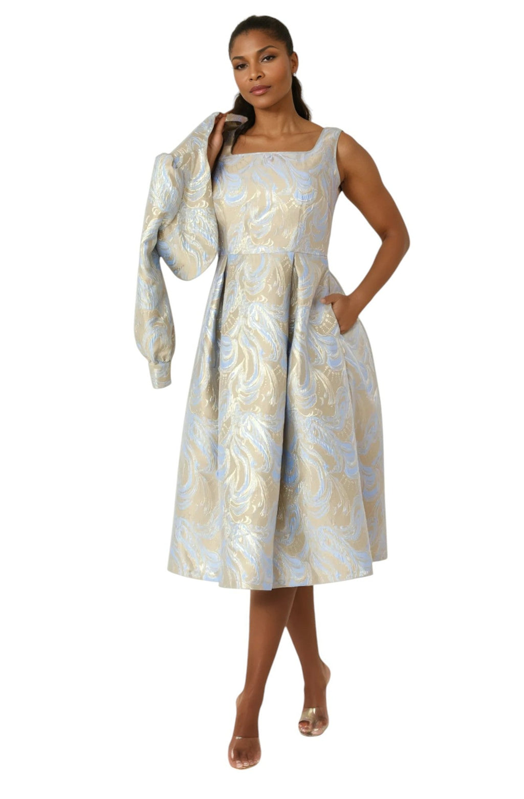 Two-Piece Metallic Swirl Brocade Dress with Balloon Sleeve Jacket- 4889