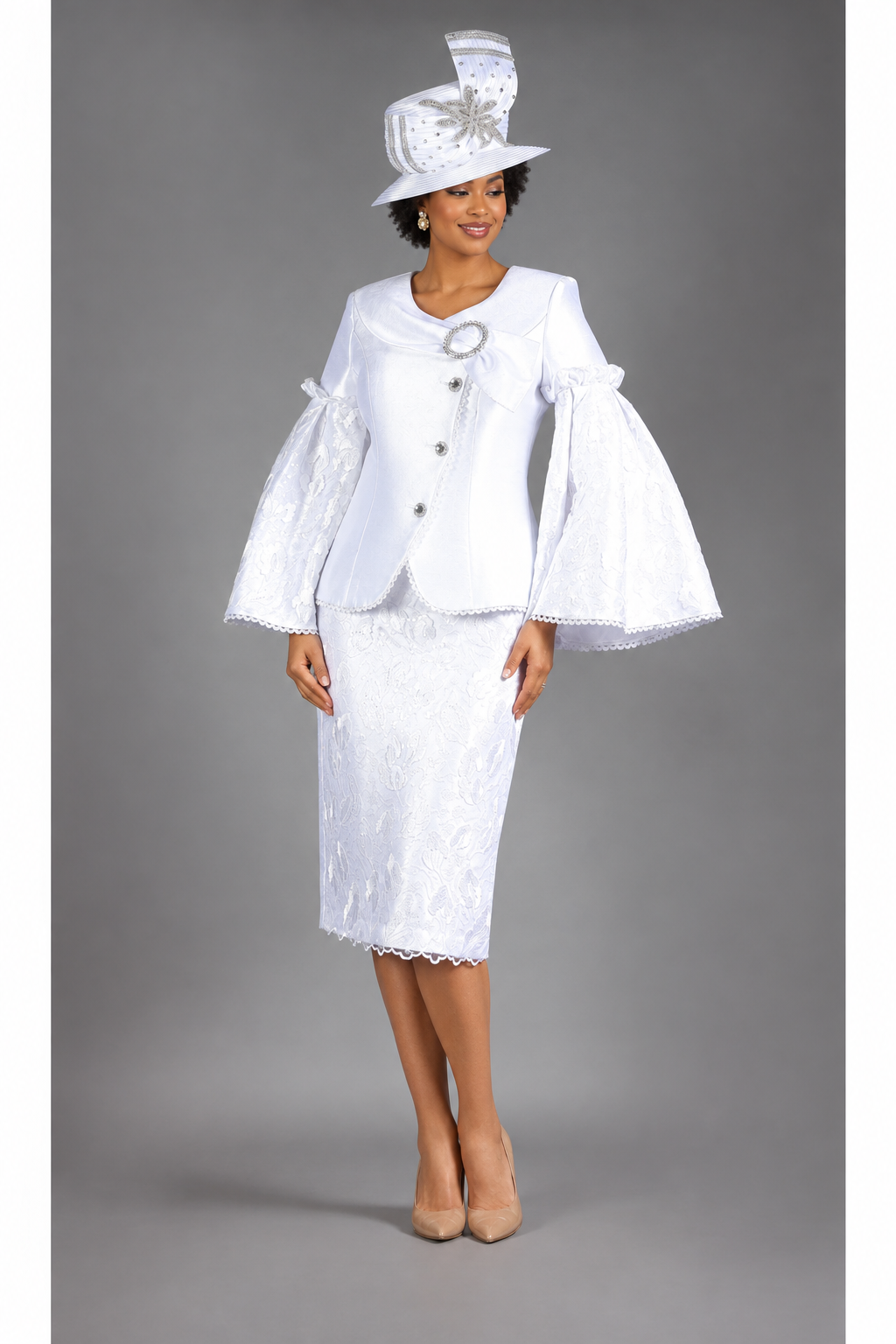 2pc Bell Slv Seq Lace&Silky Twill Skirt Suit-Plus