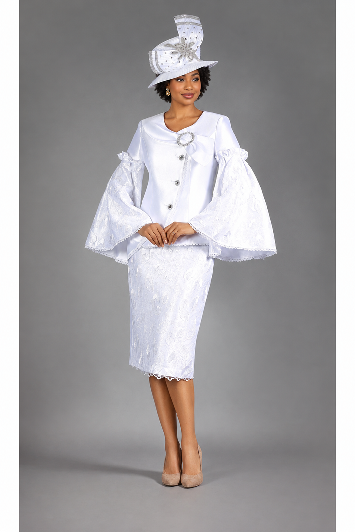 2pc Bell Slv Seq Lace&Silky Twill Skirt Suit-Plus