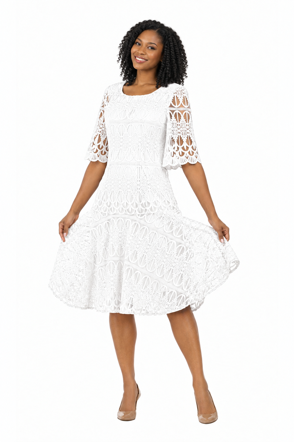 Ornate Lace Fit-and-Flare Midi Dress