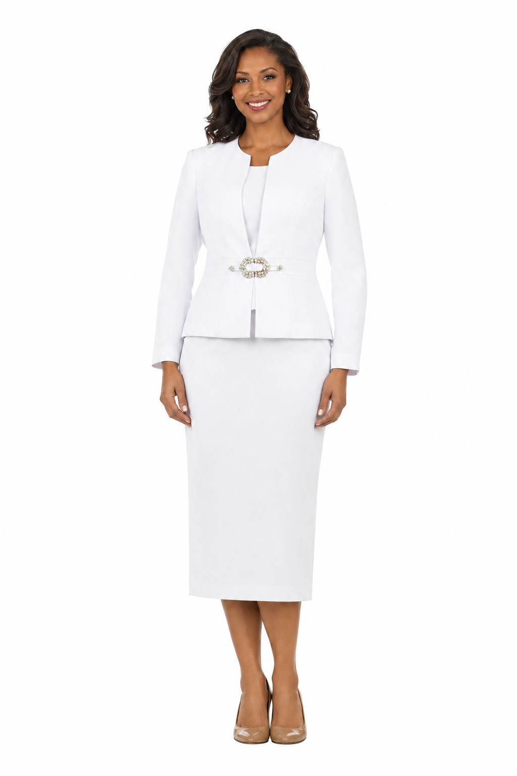 3pc Collarless Rhinestone Buckle Skirt Suit - Plus