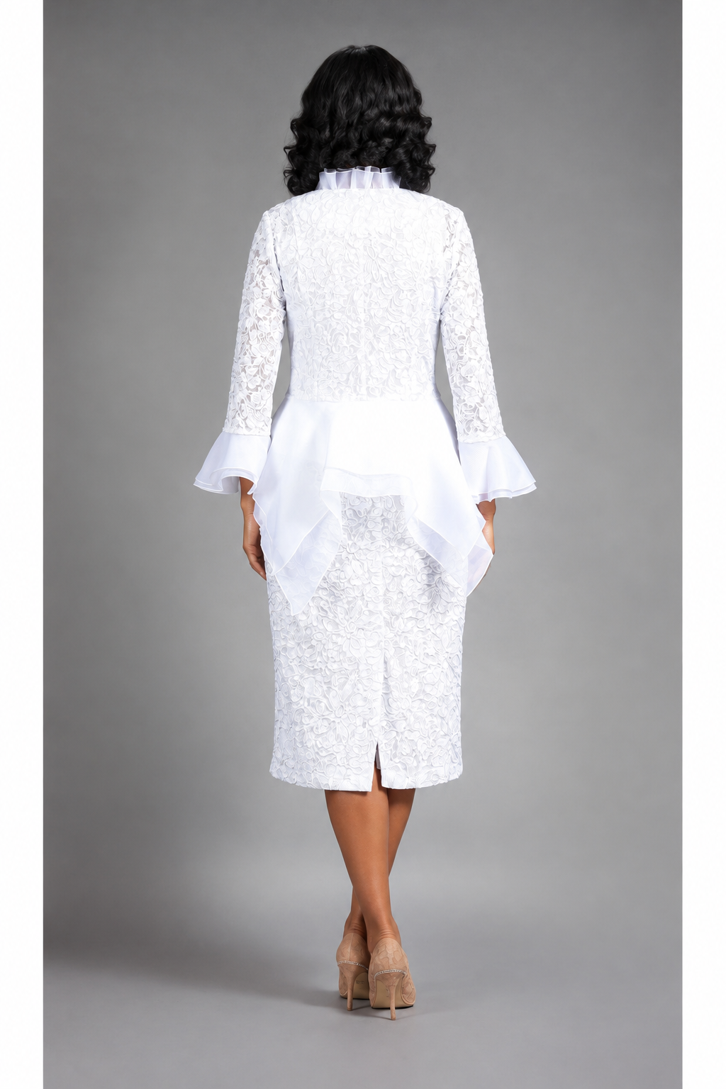 3pc Lace Suit w/ Ruffled Neckline & Organza Trim