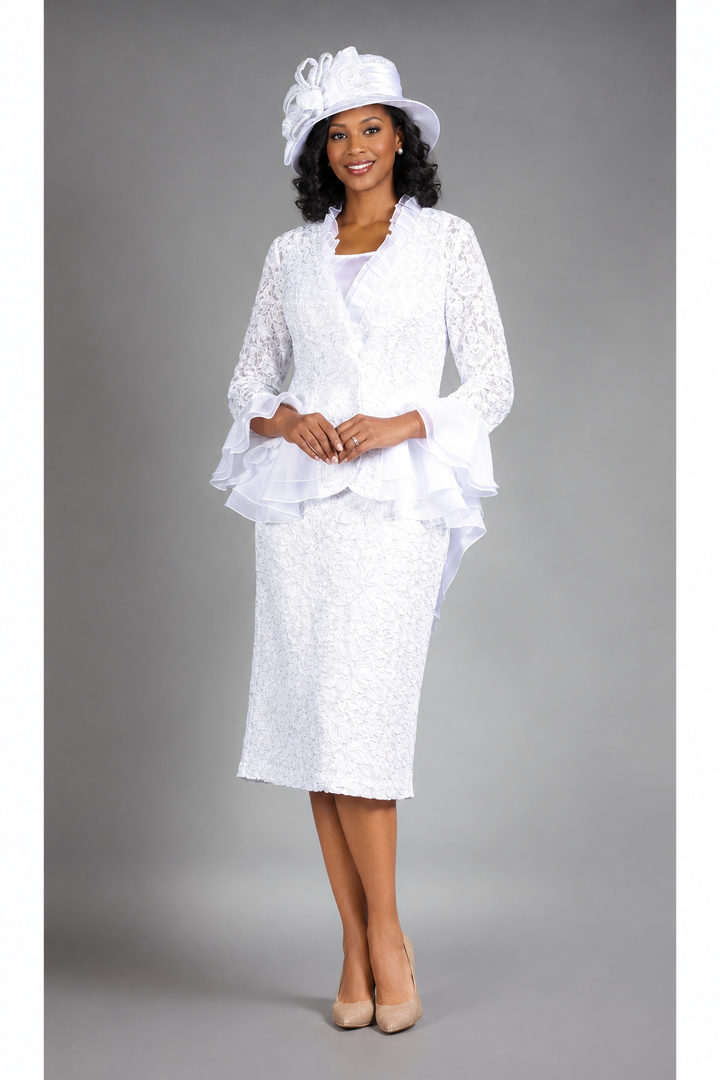 3pc Lace Suit w/ Ruffled Neckline & Organza Trim