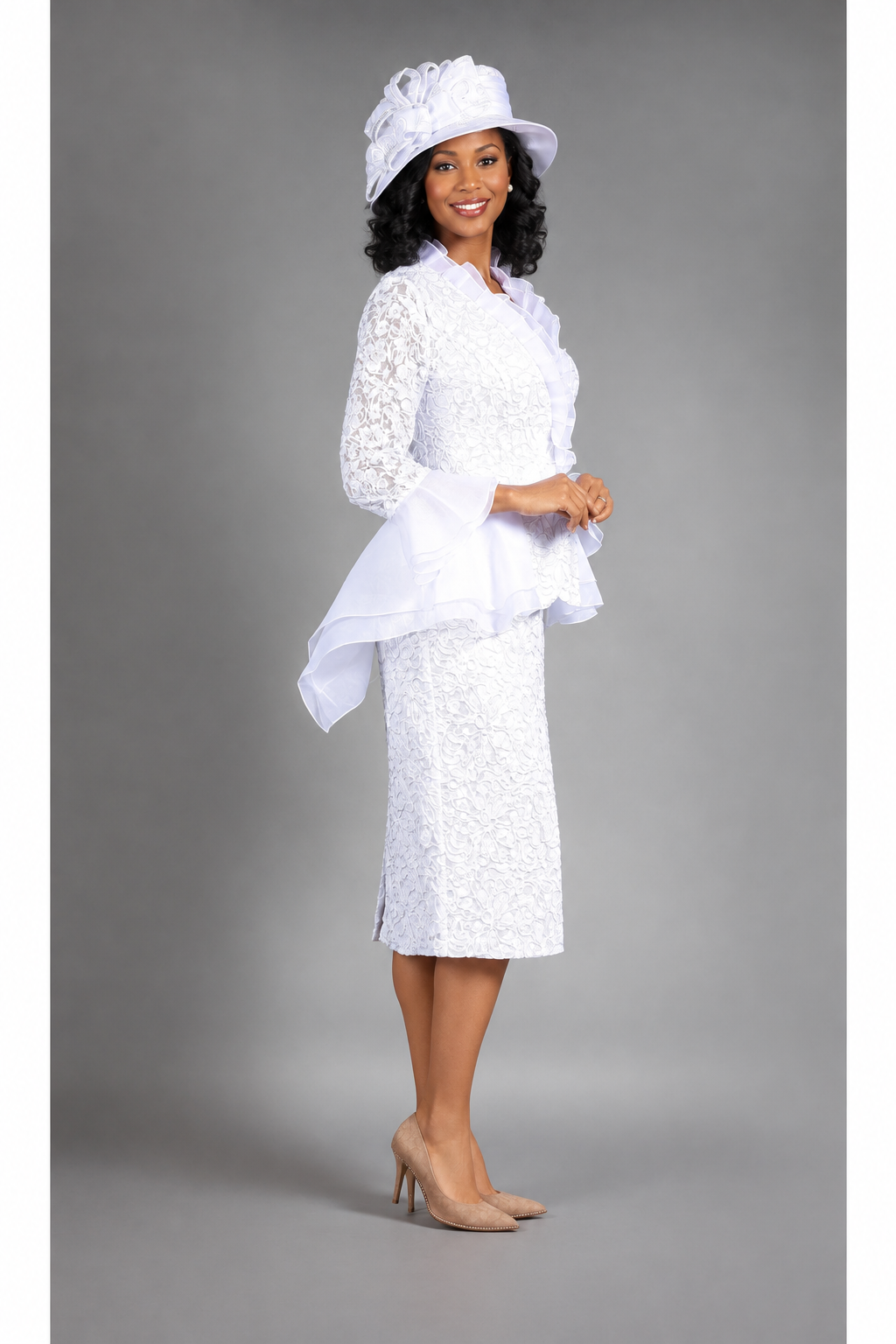 3pc Lace Suit w/ Ruffled Neckline & Organza Trim