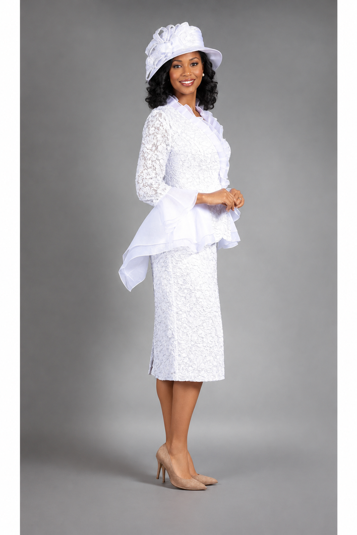 3pc Lace Suit w/ Ruffled Neckline & Organza Trim