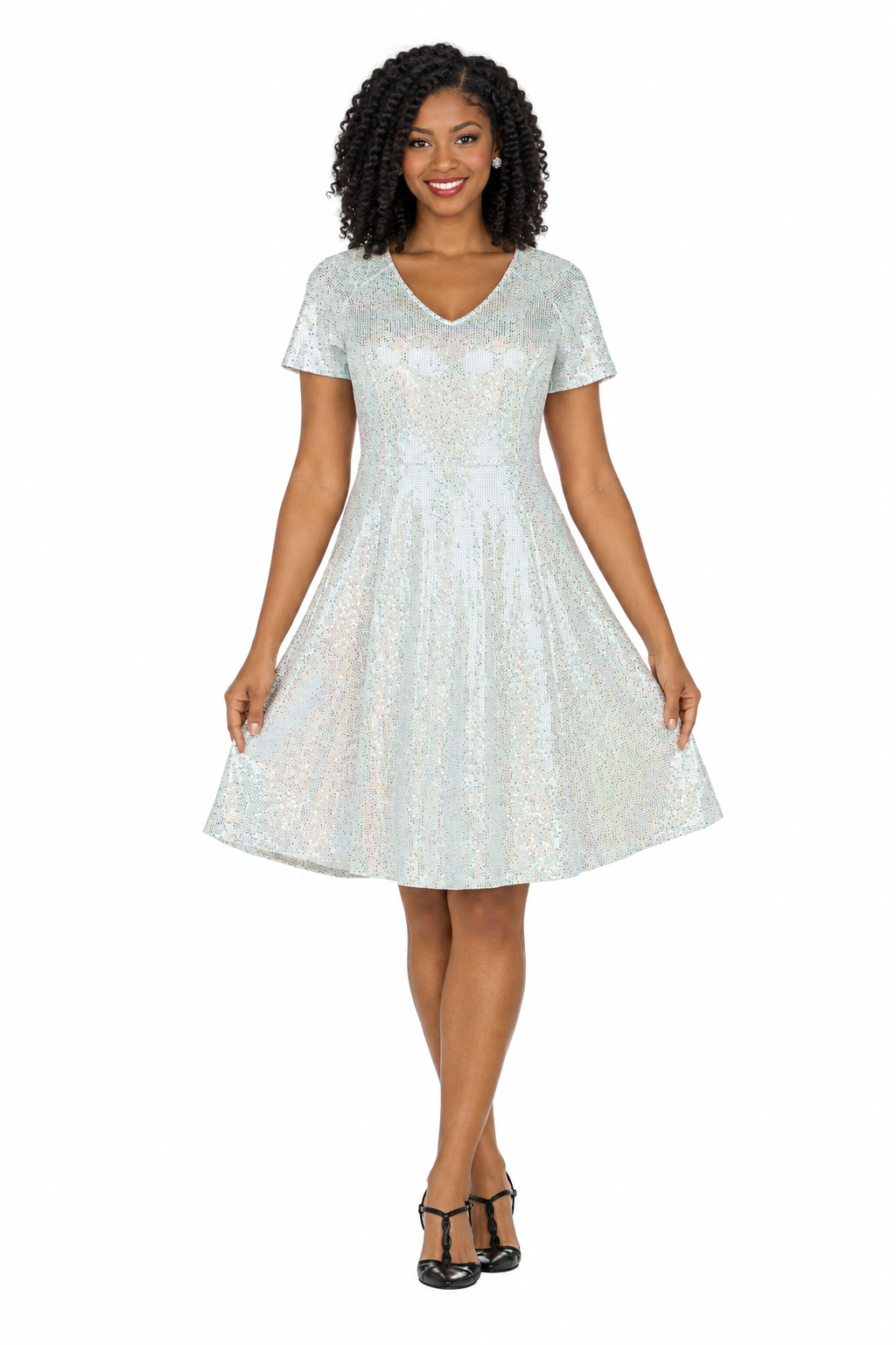 Short Sleeve V-neck Sequins Fit-and-Flare Dress