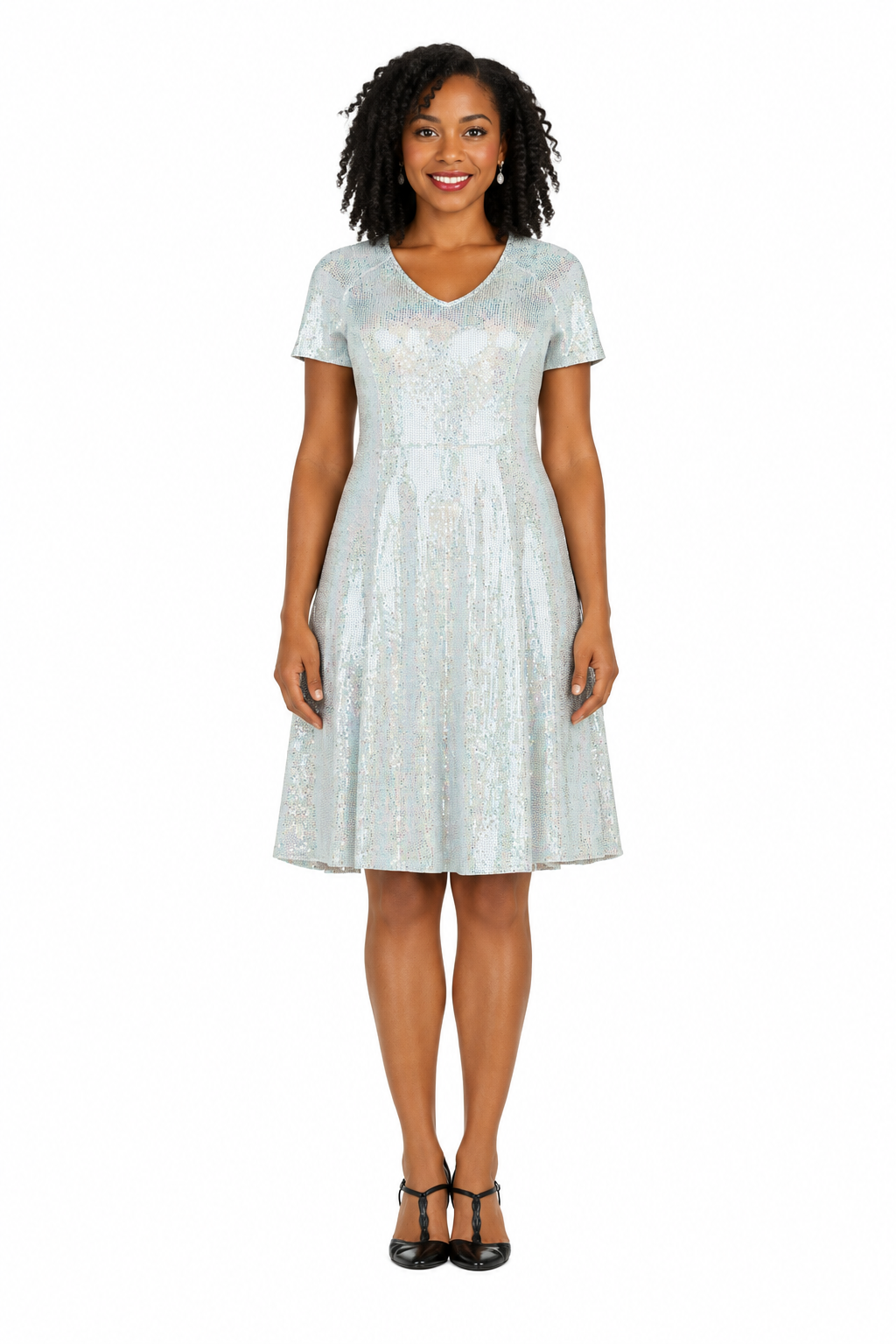 Short Sleeve V-neck Sequins A-line Dress - Plus