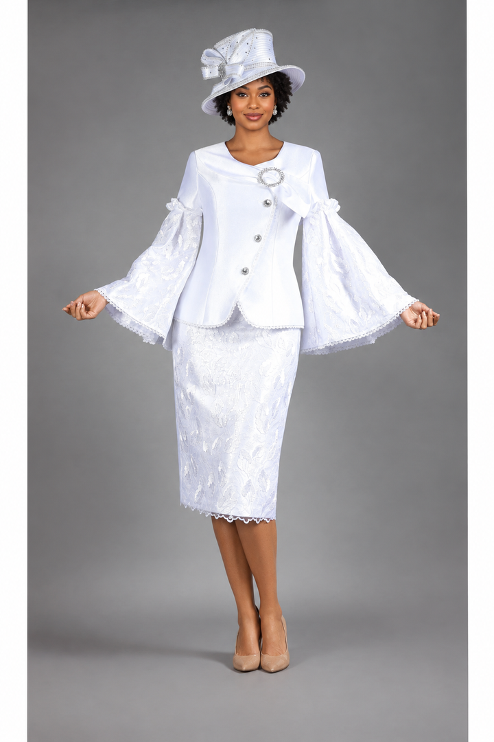 2pc Bell Slv Seq Lace&Silky Twill Skirt Suit-Plus