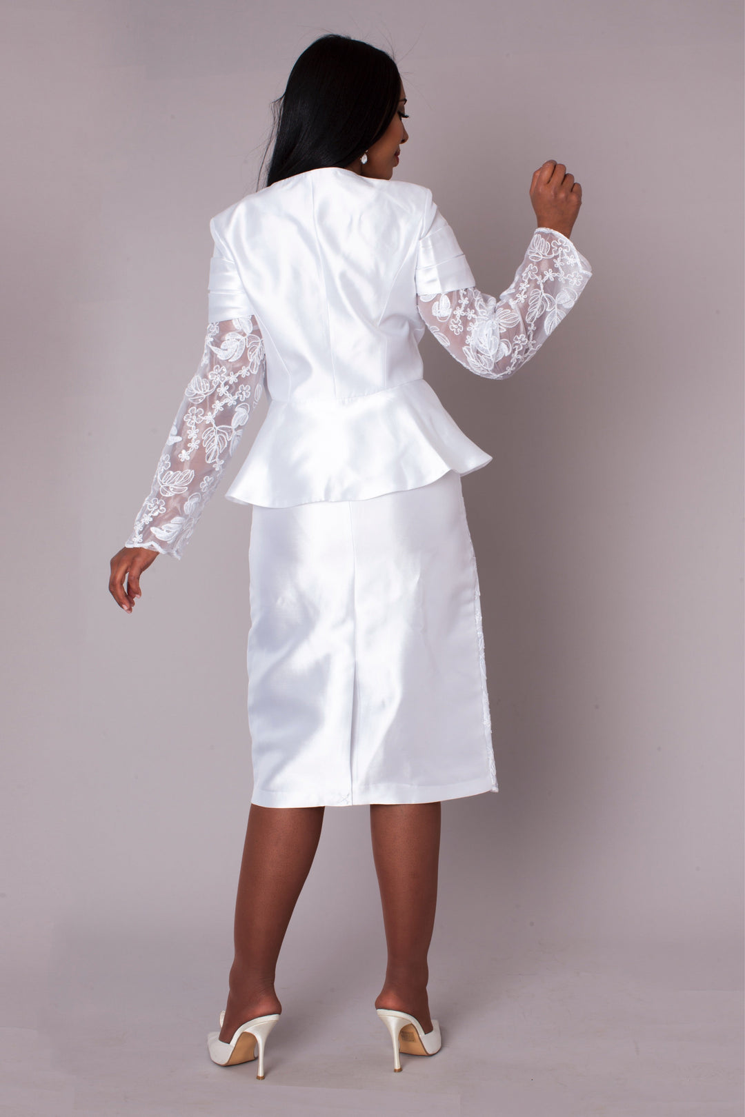 White Peplum Church Dress with Lace - 4995