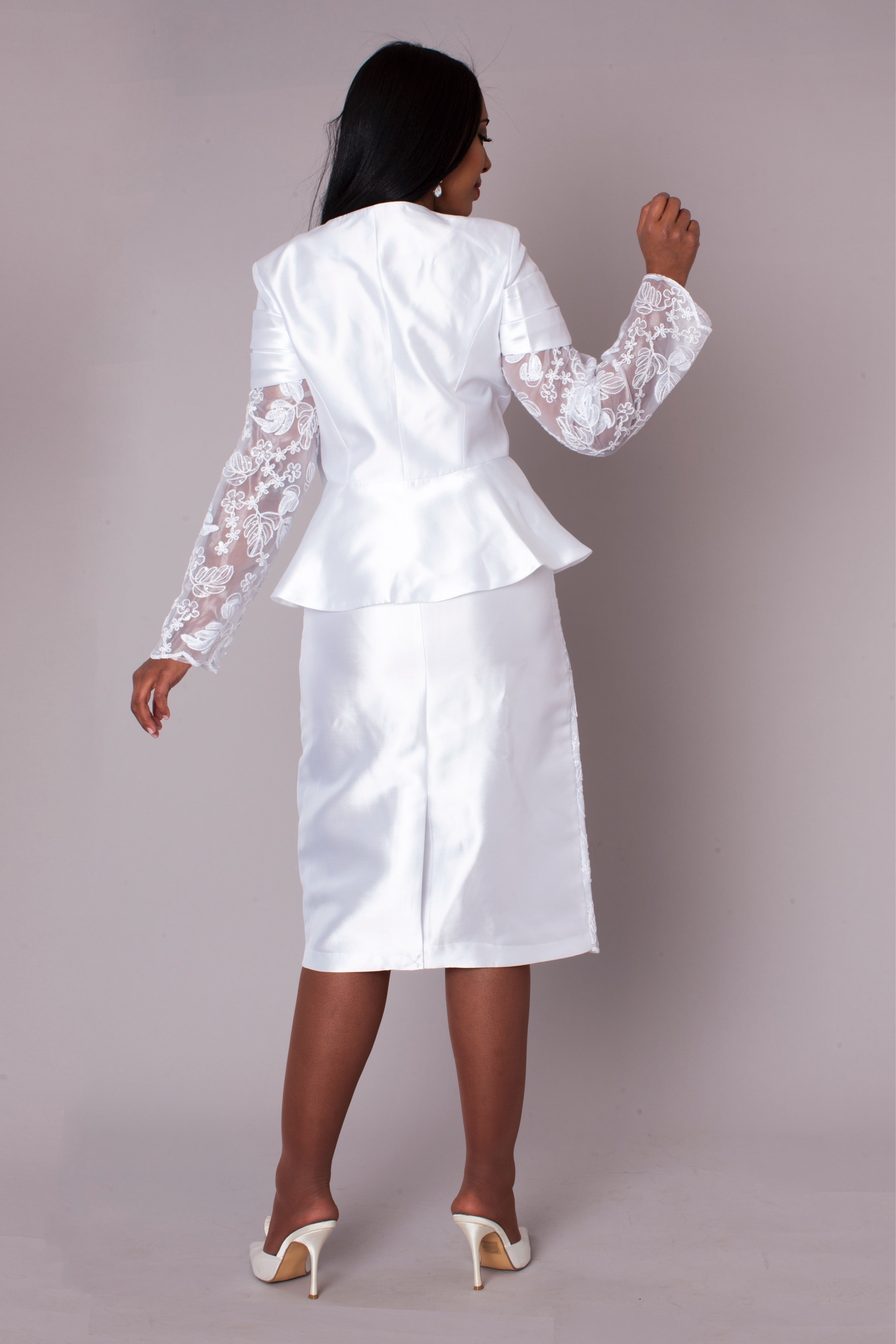White Peplum Church Dress with Lace - 4995