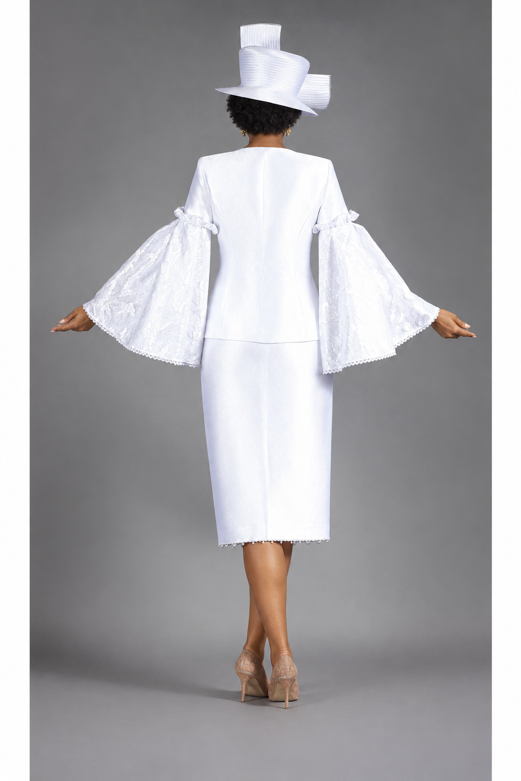 2pc Bell Slv Seq Lace&Silky Twill Skirt Suit-Plus