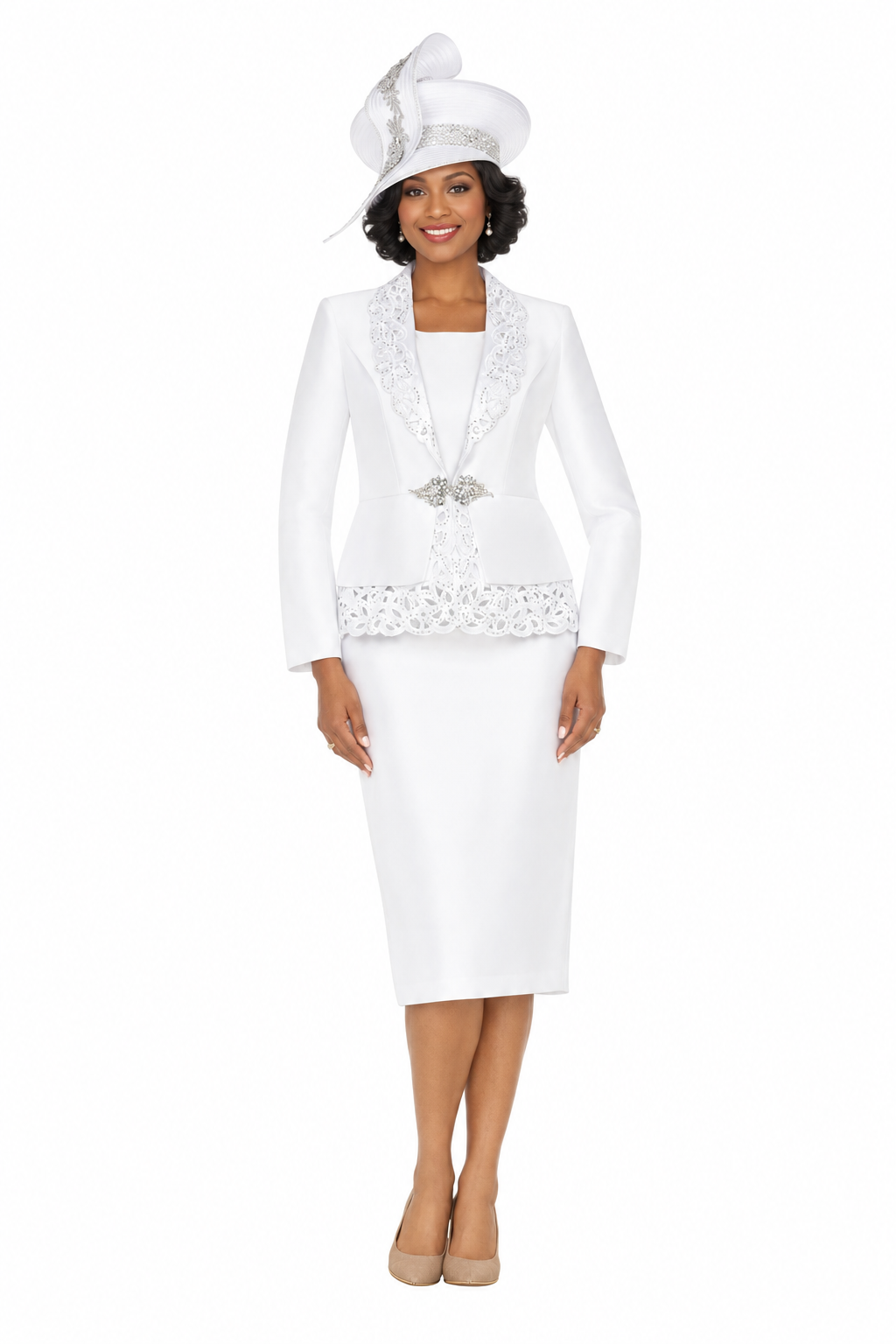 3pc Silky Twill Skirt Suit w/ Cutouts & Stones