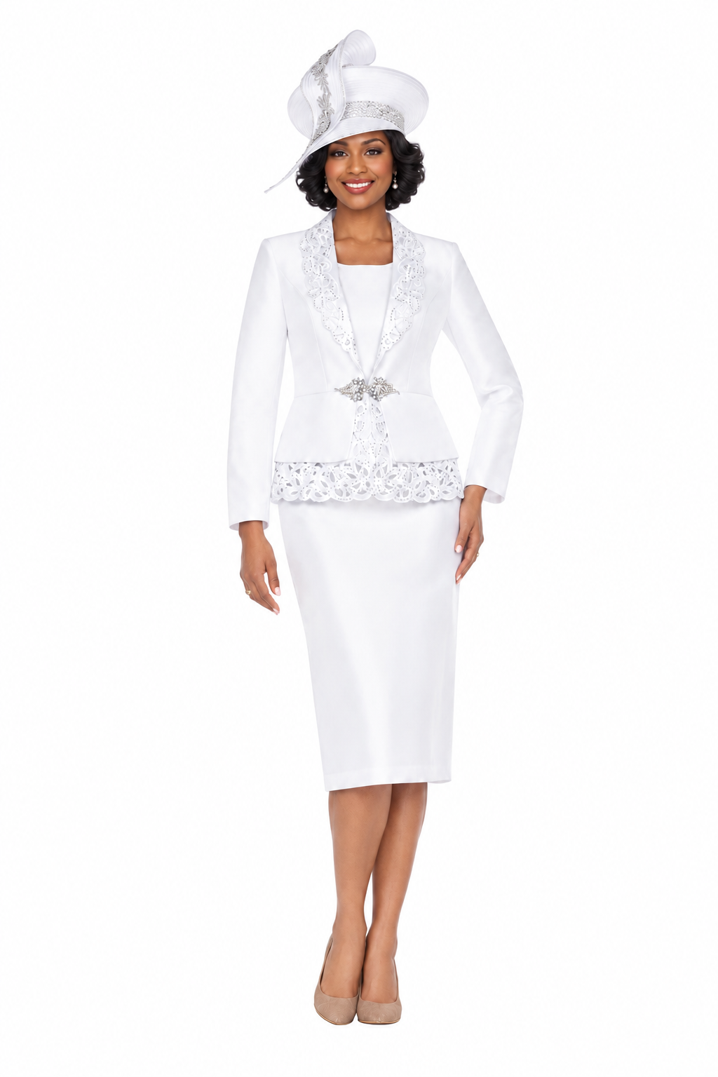 3pc Silky Twill Skirt Suit w/ Cutouts & Stones