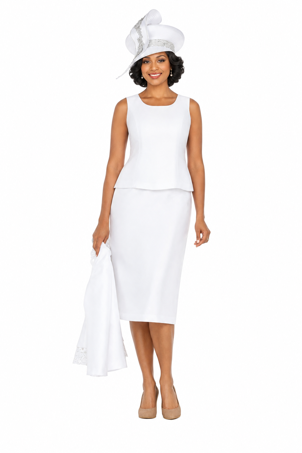 3pc Silky Twill Skirt Suit w/ Cutouts & Stones