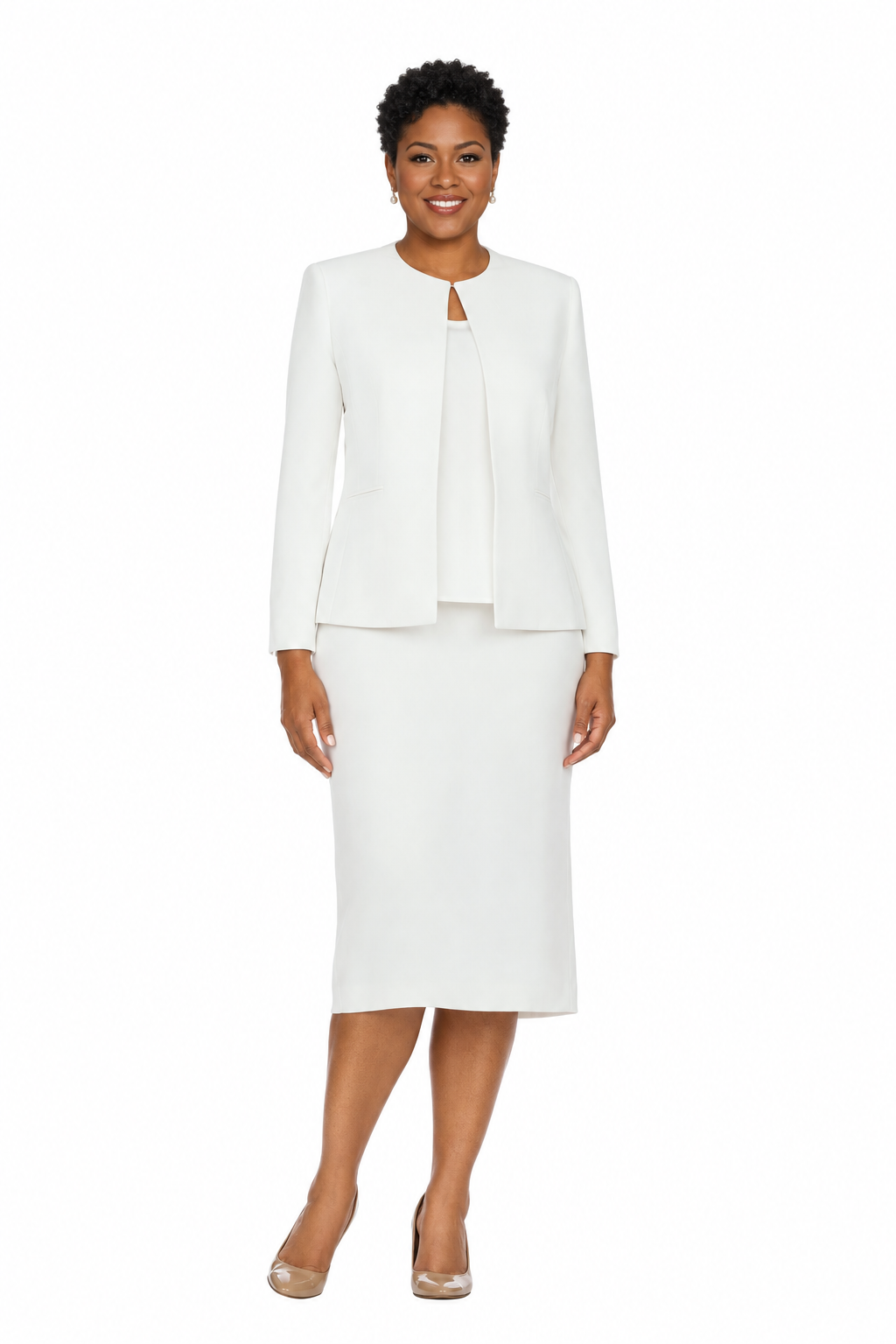 3pc Round Neck Clean Lines Detailed Skirt Suit