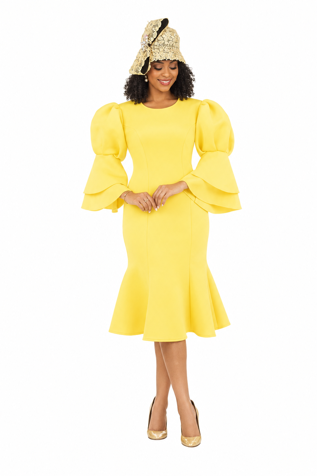 Puff Bell Slv Scuba Dress w/ Mermaid Sweep