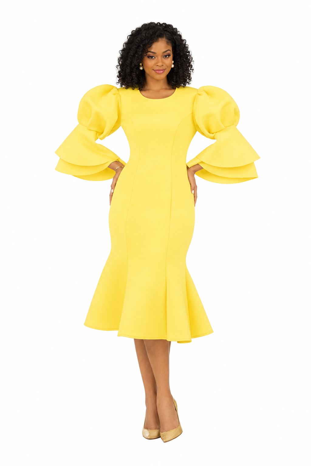 Puff Bell Slv Scuba Dress w/ Mermaid Sweep
