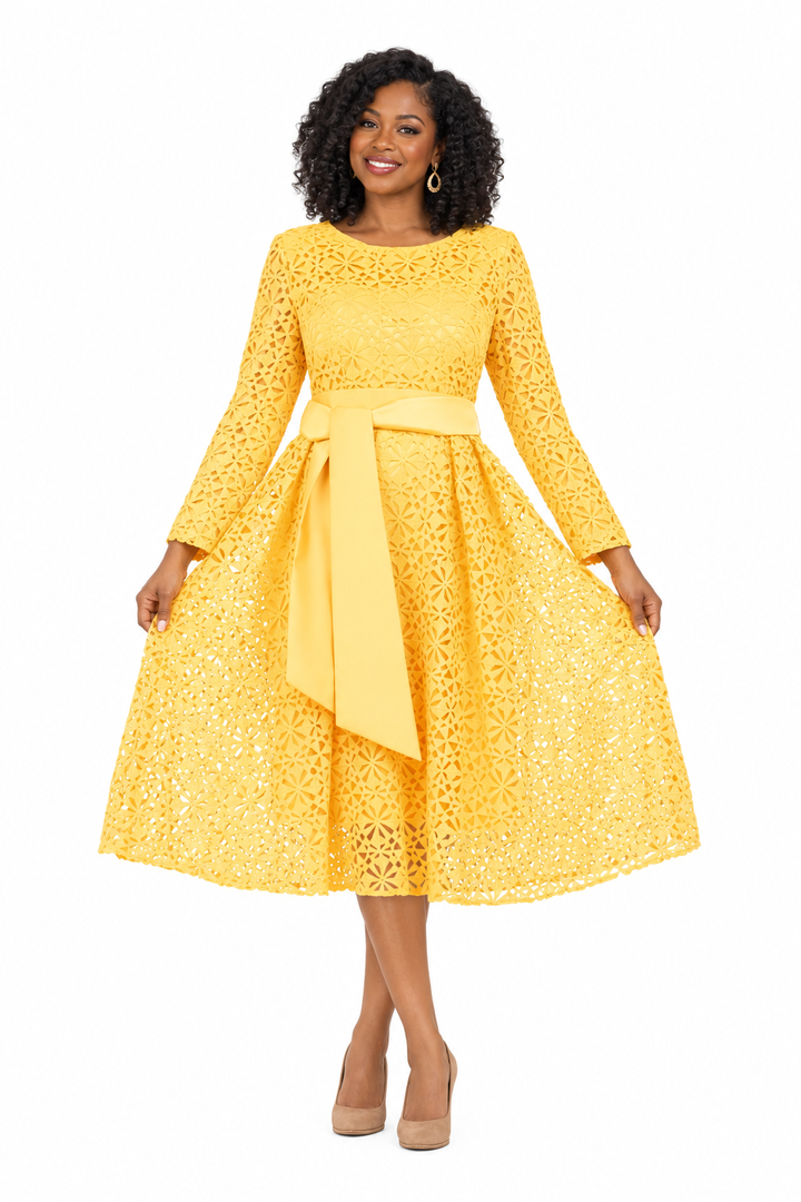 Elegant Bloom Eyelet Lace A-line Belted Dress-Plus