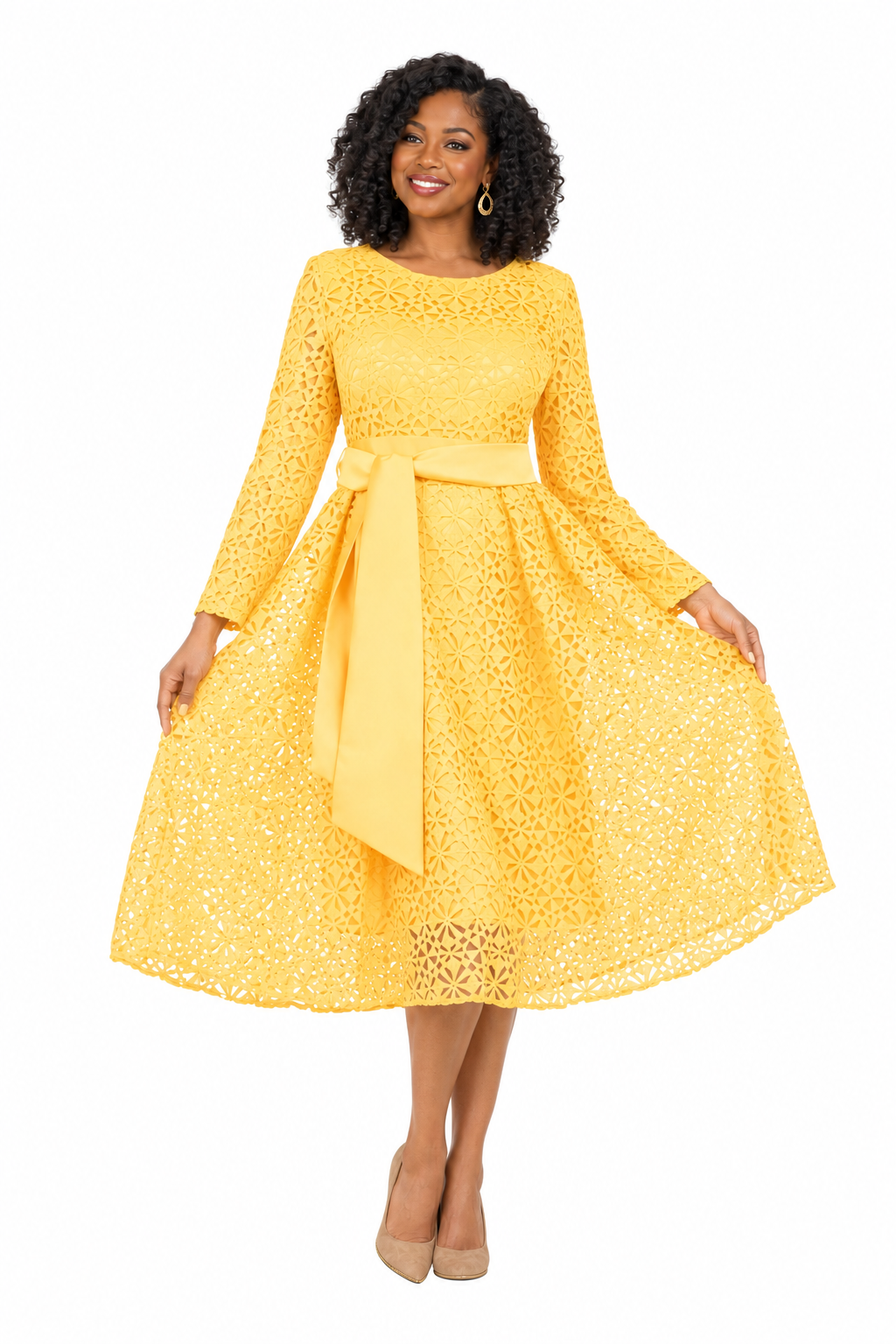 Elegant Bloom Eyelet Lace Fit & Flare Belted Dress