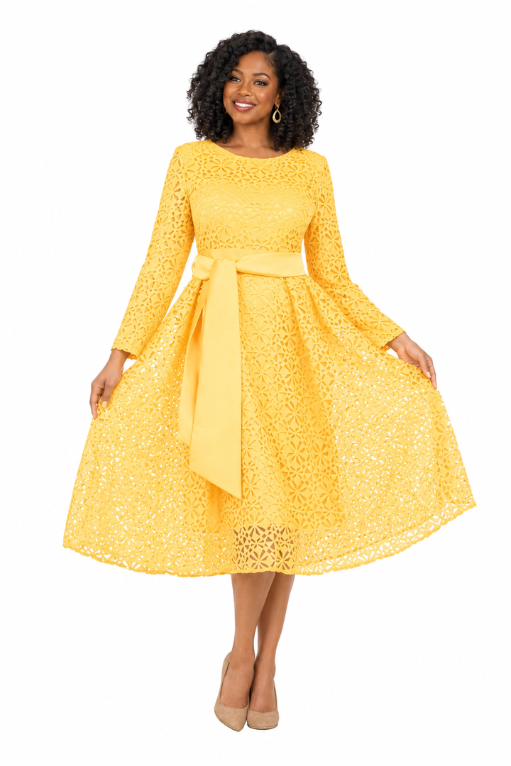 Elegant Bloom Eyelet Lace A-line Belted Dress-Plus